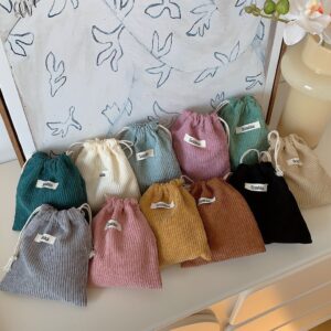 กระเป๋าเครื่องสาอาง ผ้าลูกฟูก แบบผูกเชือก ขนาดพกพา สีพื้น แบบเรียบง่าย สไตล์เกาหลี สาหรับผู้หญิง
