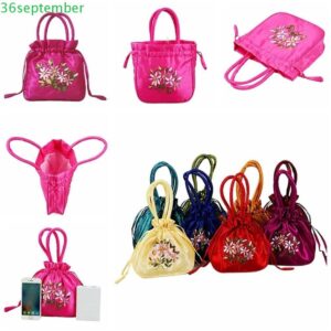 SPEPEMBER Hanfu Drawstrings กระเป๋าซาตินผ้าไหมเย็บปักถักร้อยดอกไม้กระเป๋าถือแฟชั่นเกาหลีกระเป๋าเก็บสไตล์ชาติพันธุ์กระเป๋าขนาดเล็กกระเป๋าสตางค์สุภาพสตรีหญิง