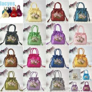 LACYES Hanfu Drawstrings Bag Satin Silk Leaf เย็บปักถักร้อยดอกไม้กระเป๋าถือ Retro Korean Storage Bag Shopping Bag Small Purse Wallet Outdoor