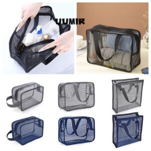 UUMIR ถุงตาข่ายอาบน้า สีเทาสีฟ้าชายหาด Handhold Storage Bagแบบพกพา Quick Dry Mesh Large Capcity Makeup Handbag Bathroom Organizer