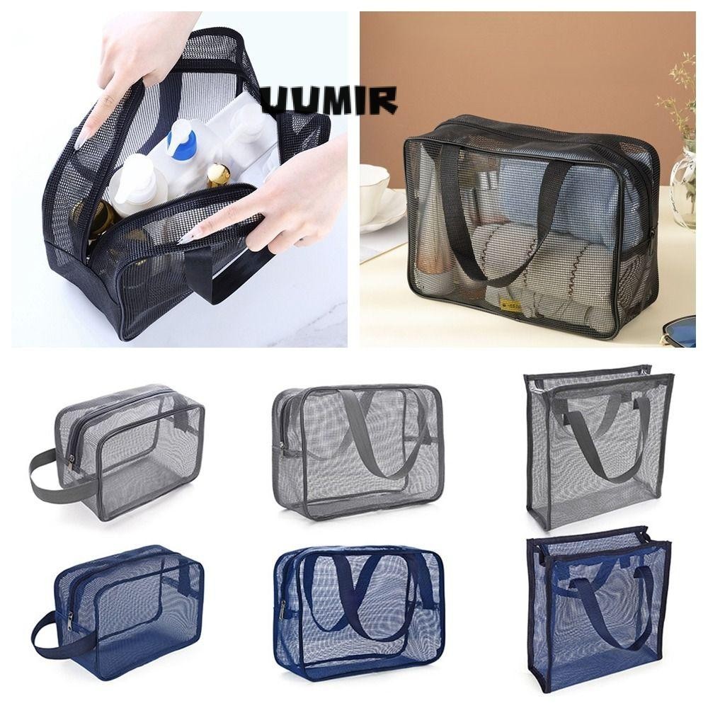 UUMIR ถุงตาข่ายอาบน้า สีเทาสีฟ้าชายหาด Handhold Storage Bagแบบพกพา Quick Dry Mesh Large Capcity Makeup Handbag Bathroom Organizer