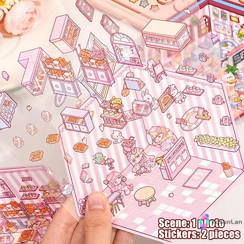 โยซันลาน 1เซ็ตร้านอาหารการ์ตูนเบเกอรี่ฉากขนาดเล็ก3งบ้านสติกเกอร์ภูมิทัศน์ภาพซ้อนสติกเกอร์สามมิติใหม่