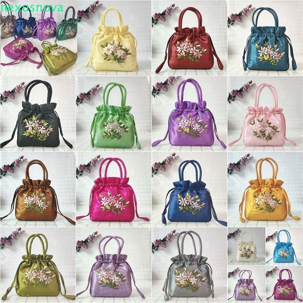 NEXUSNOVA Hanfu Drawstrings กระเป๋า ซาตินผ้าไหมเย็บปักถักร้อยดอกไม้กระเป๋าถือ Retro เกาหลีเก็บกระเป๋าถุงอาหารกลางวันกระเป๋าขนาดเล็กกระเป๋าสตางค์สุภาพสตรีหญิง