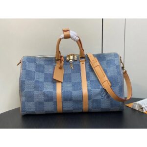 Lu keepall50 Denim Denim Blue Plaid Jacquard Travel Bag Denim Jacquard Fabricหนังสีเหลืองขนาด 50  29  23 ซม