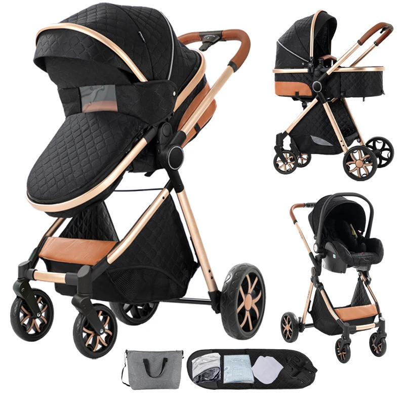 คุณภาพระดับพรีเมียมเด็ก 3 ใน 1 รถเข็นเด็กที่นั่งปรับเอนได้ Travel System Pushchair ภูมิทัศน์สูง Baby Carriage พร้อมคาร์ซีท