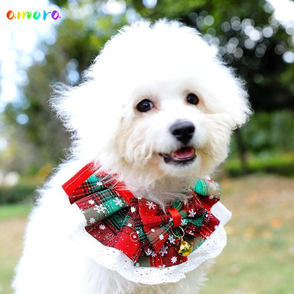 อาโมรา สัตว์เลี้ยงน้าลายผ้าขนหนูที่มีระฆังจี้กรูมมิ่งอุปกรณ์เสริมคริสต์มาสสัตว์เลี้ยงโบว์เอี๊ยมปกผ้าฝ้ายโพลีเอสเตอร์โบว์ลูกไม้ลายสก๊อตสุนัขแมวคอสร้อยคอแม