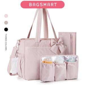 BAGSMART Mommy Diaper Tote Bag กระเป๋าเดินทางเด็กมีสไตล์พร้อมที่วางขวดหุ้มฉนวนและเสื่อเปลี่ยน