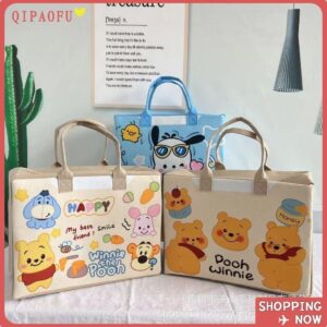 Qipaofu กระเป๋าเดินทาง กระเป๋าเดินทางการ์ตูนสักหลาดความจุขนาดใหญ่ หมีพูห์แบบพกพา Hello Kitty กระเป๋าช้อปปิ้งแบบใช้ซ้าได้สาหรับการเดินทาง