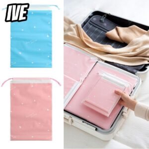 IVEYOUNG ถุงบรรจุภัณฑ์เชือกรูด ถุงเก็บกันน้าแบบพกพาลายหัวใจสีฟ้าสีชมพูหนากระเป๋าคัดแยกรองเท้าเสื้อผ้าเครื่องสาอางของเล่น