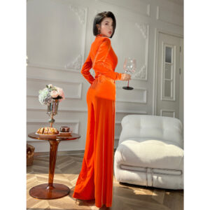 XULU ต้นฉบับนาเข้าสีทึบกามะหยี่ฤดูใบไม้ร่วงฤดูหนาวแฟชั่นเอวสูงเวทีขากว้าง Classy Slim แขนยาว V คอ Jumpsuit