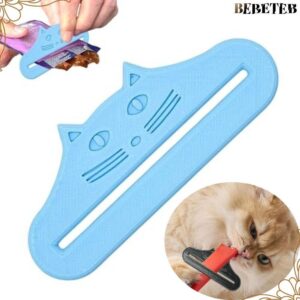 BEBETEB ที่บีบรักษาแมว ช้อนป้อนขนมแมวกันน้ารูปแมว เครื่องมือบีบปรับได้อเนกประสงค์ ที่บีบกระเป๋าอาหารแมวแบบใช้ซ้าได้สาหรับแมวอาหารสัตว์เลี้ยงเหลว