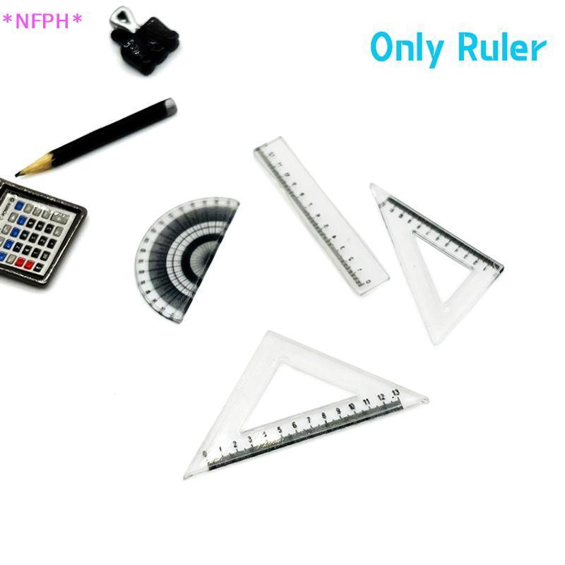 NFPH 4 ชิ้น 112 Dollhouse Miniature ไม้บรรทัดไม้โปรแทรกเตอร์สามเหลี่ยมไม้บรรทัด Straightedge รุ่นวาดเครื่องมือตุ๊กตา House อุปกรณ์เสริมใหม่