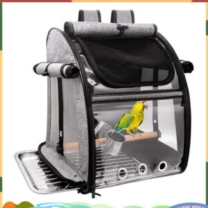 กระเป๋าใส่นกพร้อมคอน กระเป๋าใส่เป้สะพายหลังสาหรับเดินทางนก จานสแตนเลสและตาข่ายดีไซน์โปร่งใสแบบพกพา