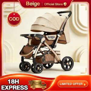 Beige รถเข็นเด็ก ล้อมีเบรค พกพาสะดวก พับได้ สายรัดแบบ 5 จุด เข็นหน้าหลังได้ รถเข็นเด็กทารก