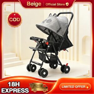 Beige รถเข็นเด็ก พับได้ ปรับเอนได้3ระดับ เข็นหน้าหลัง มีถาดอาหาร กันชนถอดได้ ล้อมีเบรค ผ้าลินิน