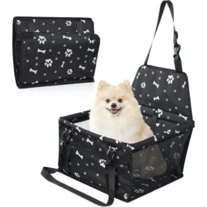 กล่องนั่งสำหรับสัตว์เลี้ยงในรถยนต์ พร้อมสายกันกระโดด สำหรับสุนัขขนาดกลางและขนาดเล็ก โครง PVC กันลื่น กันน้ำ ใช้ได้กับเบาะข้างคนขับ และพับเก็บที่เบาะหลังได้ ลายสุนัขสีดำ